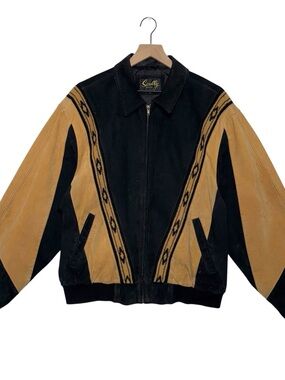 Vintage Scully Boar Southwestern Motifs  Suede Leather Bomber Rodeo Jacket 90s